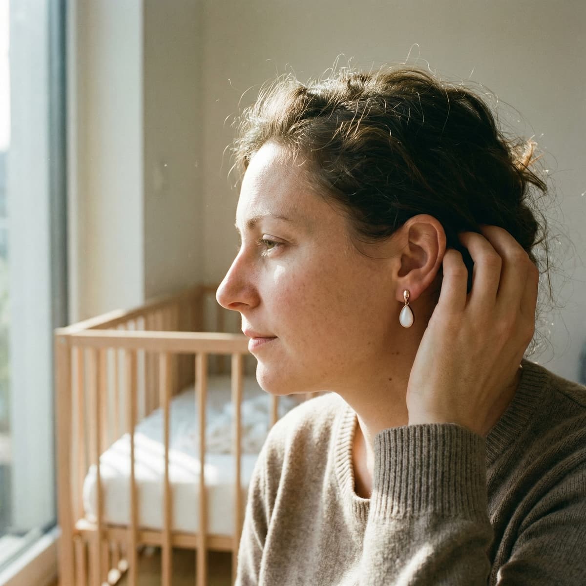 Mother wearing teardrop DIY breastmilk earrings in a gold setting, sitting by a sunny window with a baby crib in the background.
