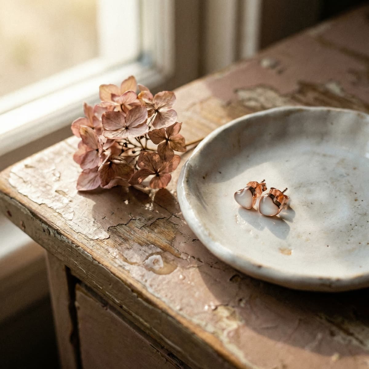 Rose-gold heart stud earrings with milky white resin on a ceramic dish beside dried flowers on a rustic table, inspiring diy breastmilk earrings keepsakes.