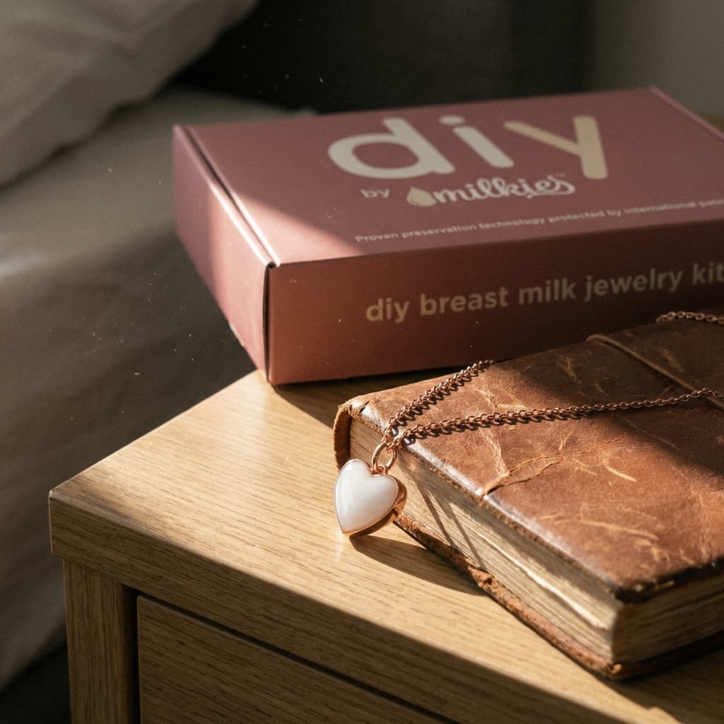 Warm sunlight on a bedside table with a DIY by Milkies at-home kit box next to a rose-gold heart pendant necklace, highlighting a diy breastmilk jewellery keepsake.
