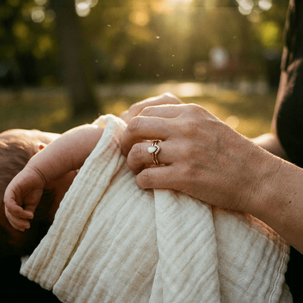 Mother holding a newborn wrapped in a soft muslin blanket outdoors, wearing a gold ring with a milky white stone, an intimate keepsake inspired by diy breastmilk jewellery.