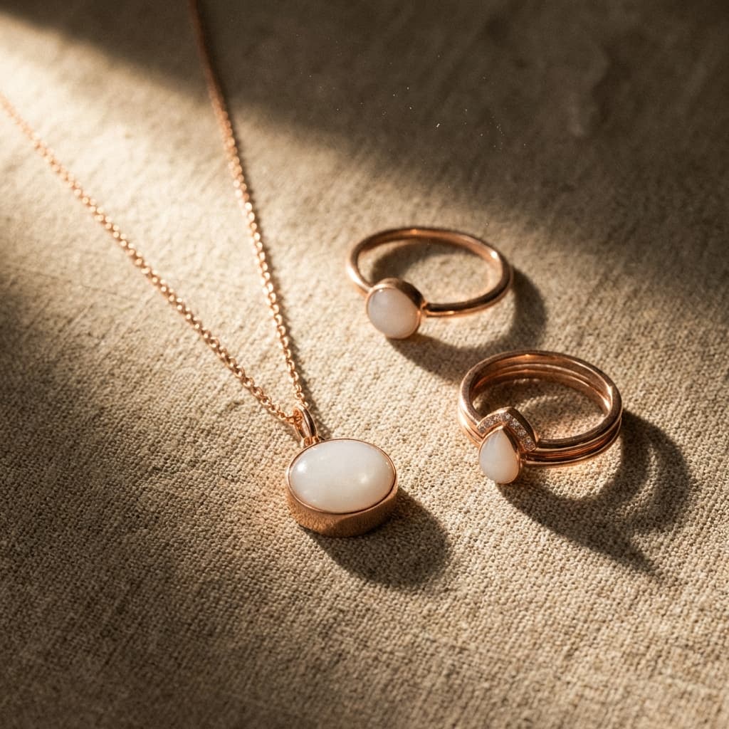 Rose-gold necklace and rings with milky white resin stones on a soft linen background in warm natural light, showcasing diy breastmilk jewellery keepsake pieces.