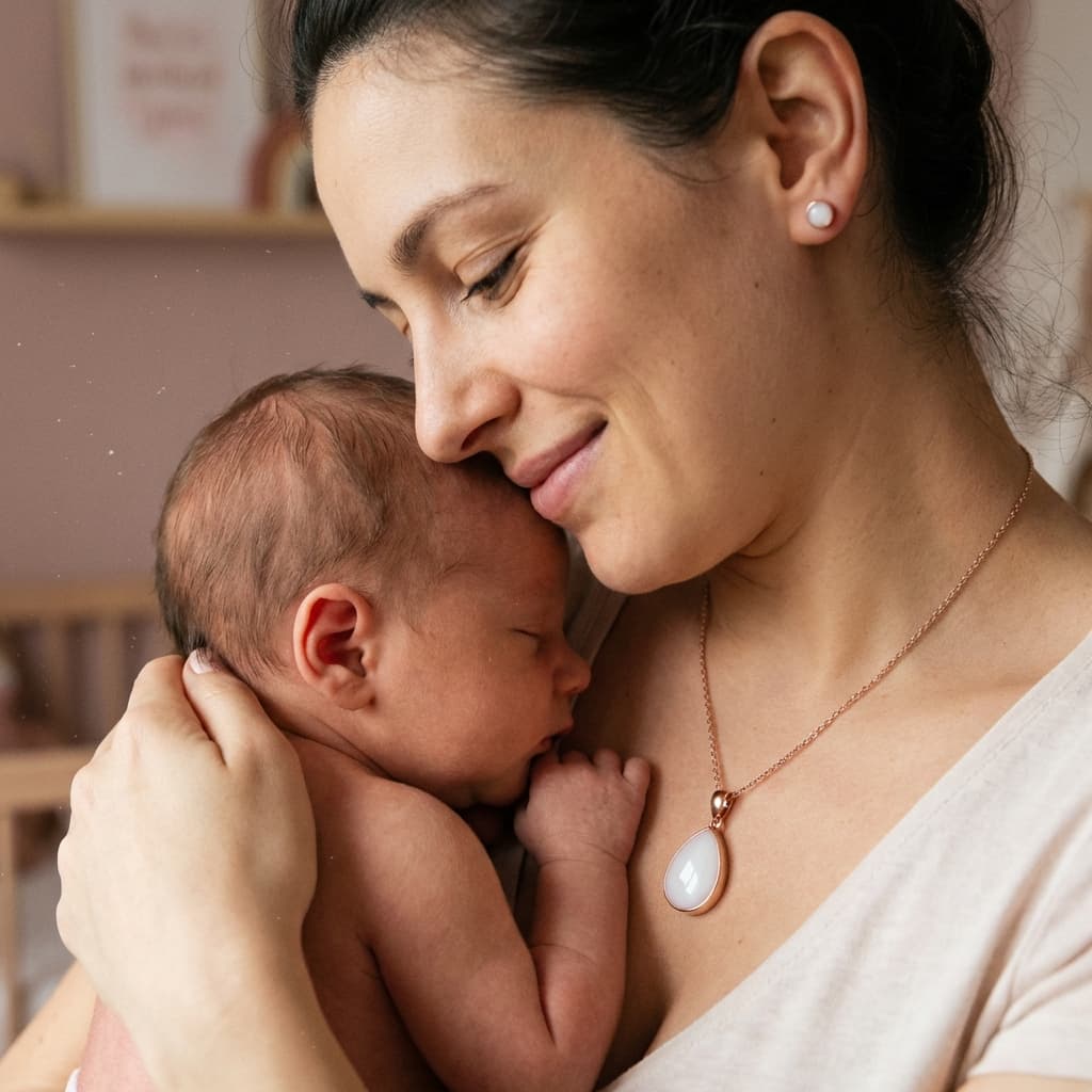 Mother cuddling her newborn while wearing a white teardrop pendant necklace, showing why diy breastmilk jewellery made with the DIY by MILKIES at-home kit is a meaningful way to preserve motherhood memories.