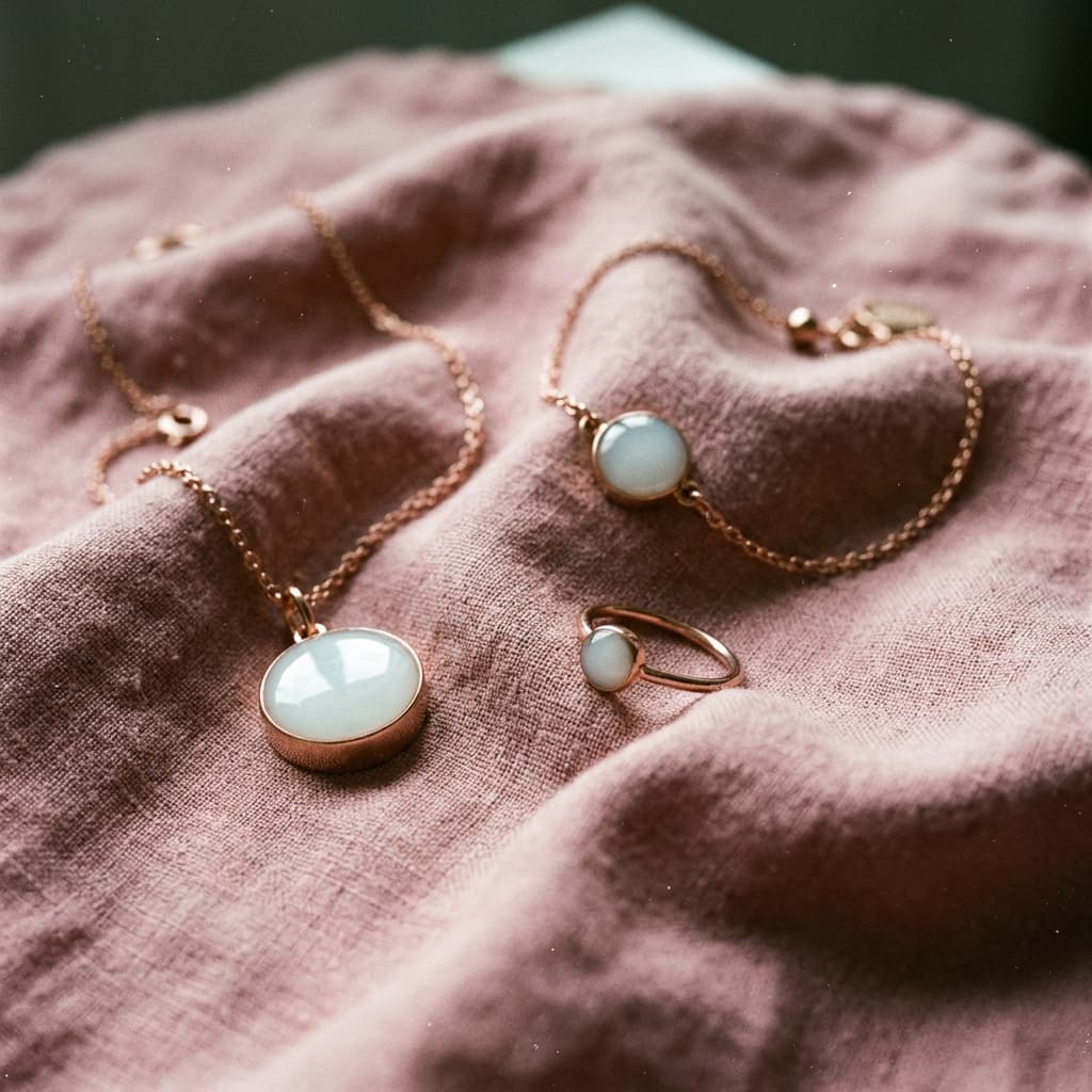 Rose-gold necklace and ring with milky white resin stones on soft pink fabric, showcasing elegant diy breastmilk jewelry keepsake pieces for moms.