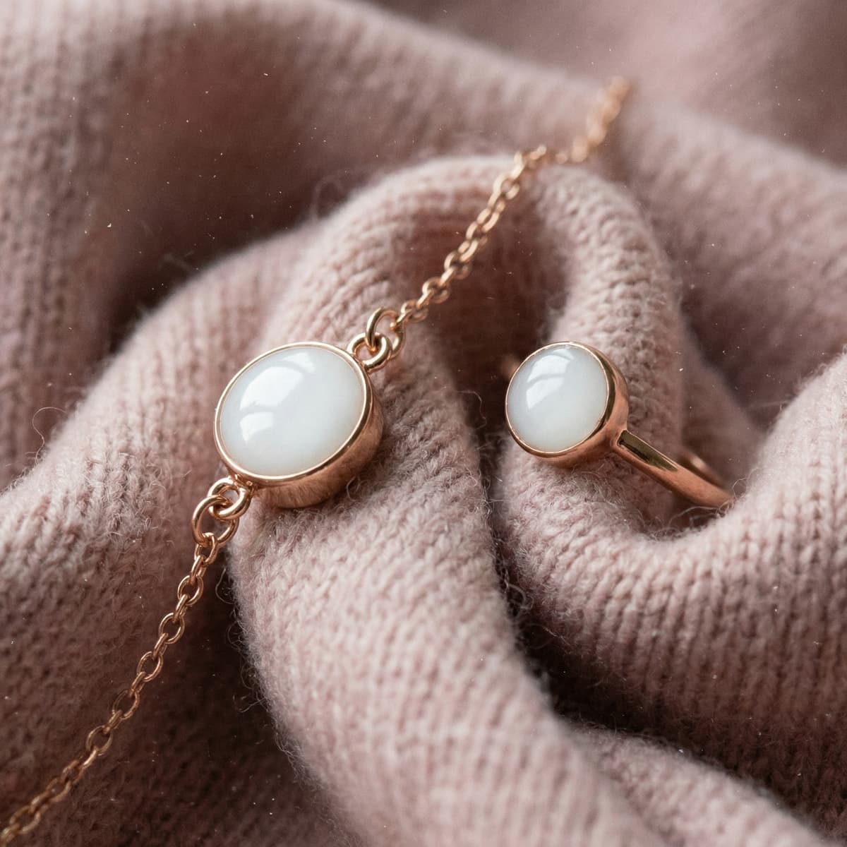 Rose gold necklace and ring with milky white resin stones on soft knit fabric, showcasing diy breastmilk jewelry keepsake pieces made at home.