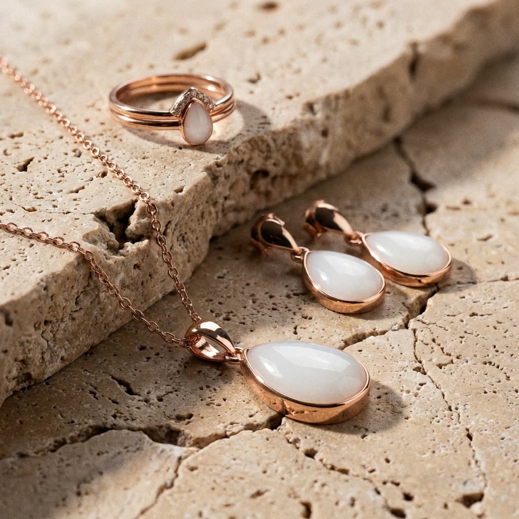 Rose gold necklace, ring, and drop earrings with milky white teardrop stones, an elegant diy breastmilk jewelry keepsake set displayed on textured stone background.