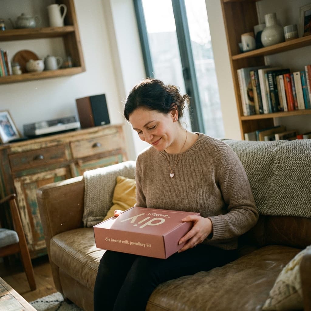 Mother at home smiling as she opens a DIY by MILKIES kit box, showing why diy breastmilk jewelry is a meaningful, private way to create a keepsake in your own space.