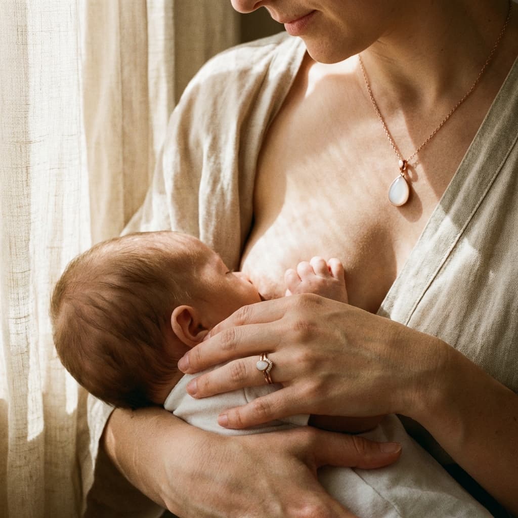 Mother breastfeeding her newborn in warm natural light while wearing a milky-white resin pendant necklace and matching ring made with a diy breastmilk jewelry kit.