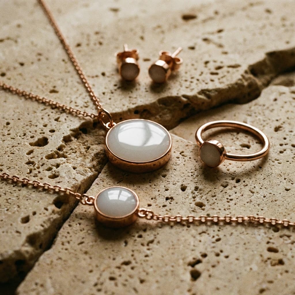 Rose-gold keepsake set made with a diy breastmilk jewelry kit, featuring a white resin pendant necklace, matching stud earrings, a delicate bracelet, and a ring displayed on textured stone.
