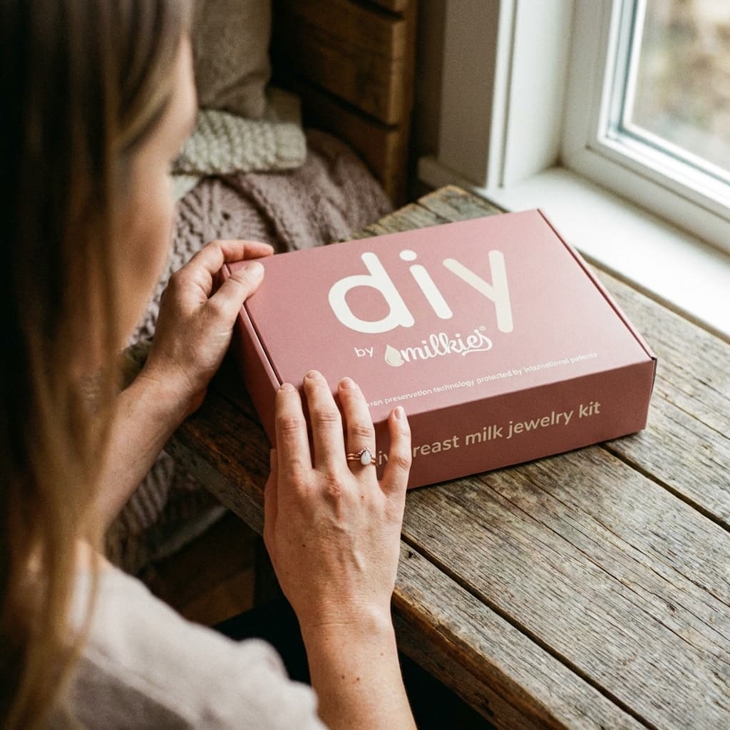 Mother holding DIY by MILKIES box on a wooden table, showing why a diy breastmilk jewelry kit is a convenient at-home way to create a meaningful keepsake.
