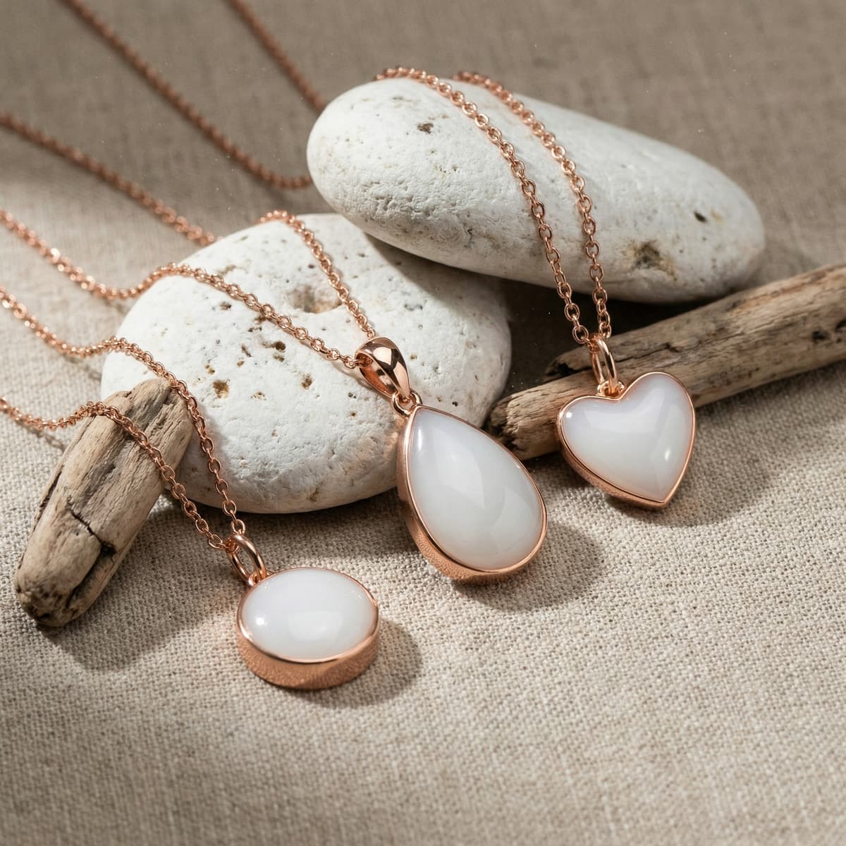 Rose gold pendants on linen with white stones and driftwood, showcasing a DIY by MILKIES diy breastmilk necklace keepsake in heart, teardrop, and round designs with milky resin centers.