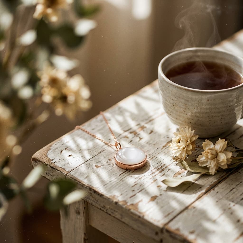 Rose gold pendant on a delicate chain featuring a smooth white resin stone, styled as a diy breastmilk necklace beside a steaming cup and dried flowers on a rustic wooden table.