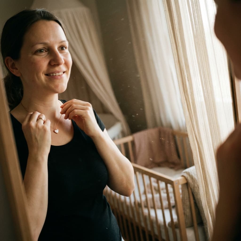 Smiling mother adjusts a heart pendant DIY breastmilk necklace while looking in a mirror in a softly lit nursery, with a baby crib in the background