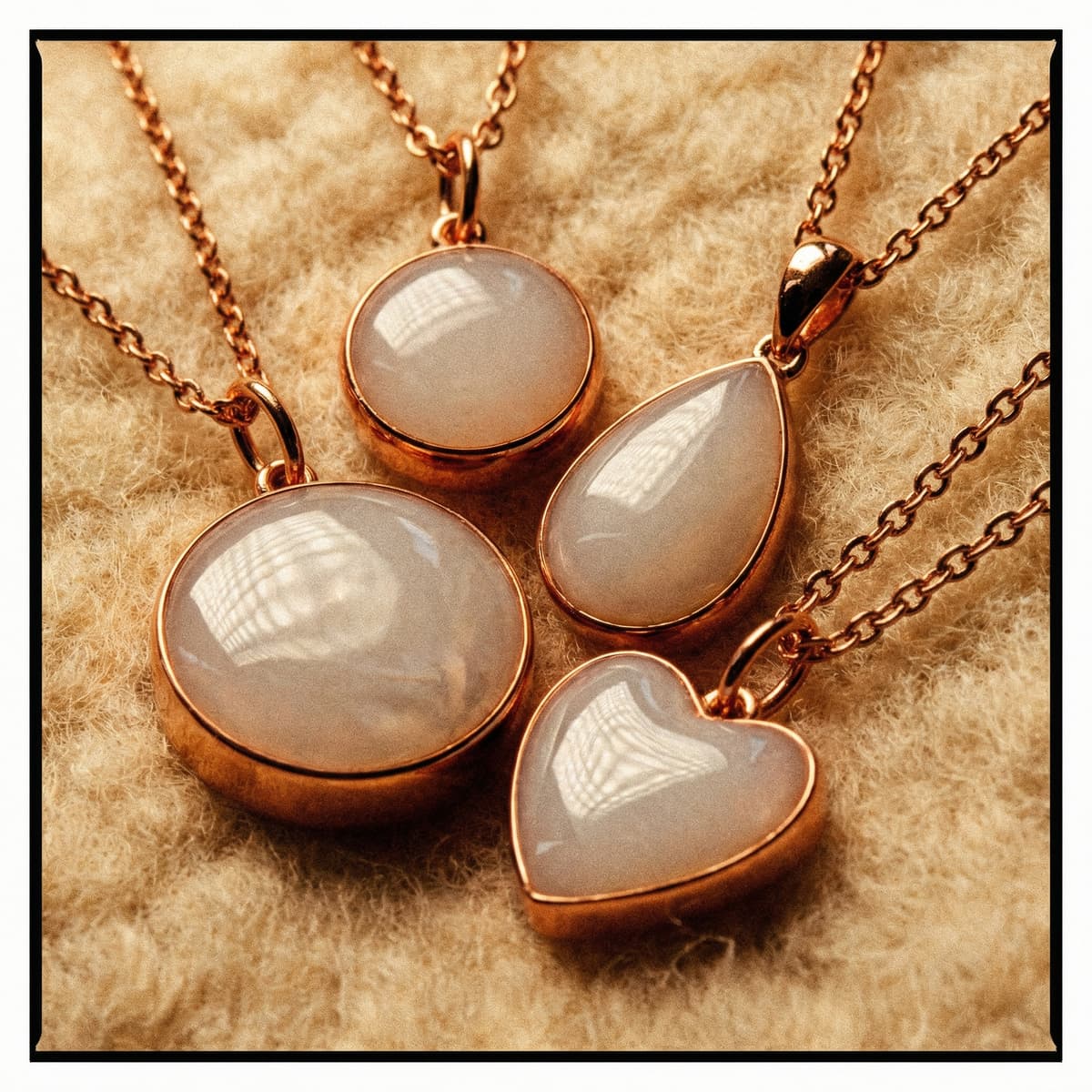 Rose gold keepsake pendants with milky-white resin stones in round, oval, teardrop, and heart shapes, showing results made with a diy breastmilk necklace kit on a soft neutral fabric background.