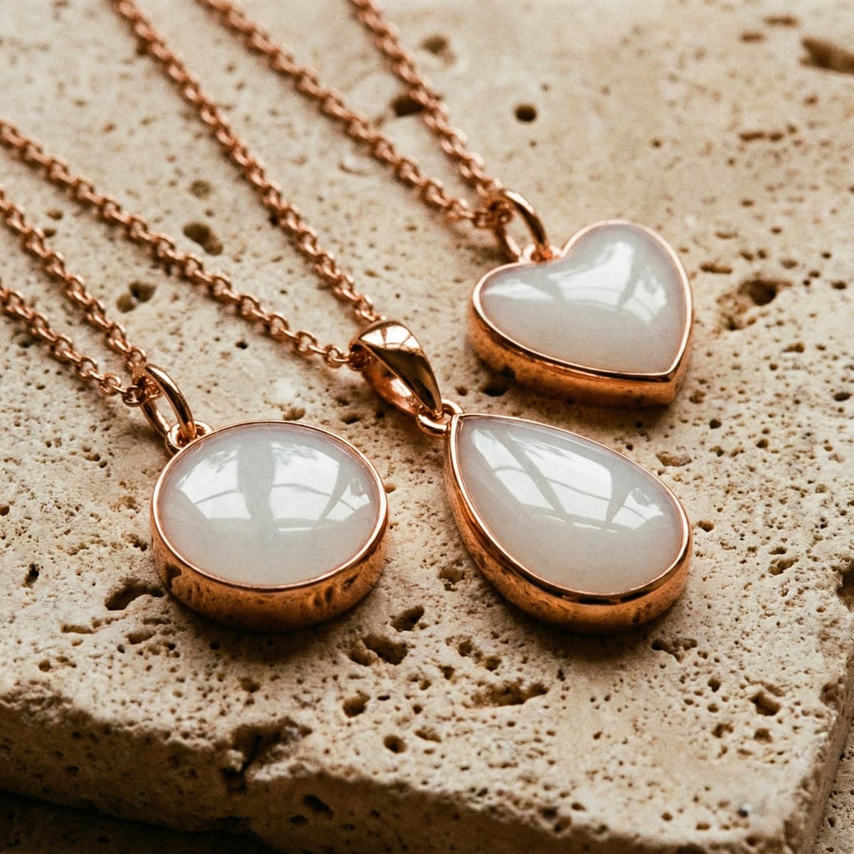 Rose-gold pendant jewelry with heart, teardrop, and round keepsakes filled with milky-white resin, showcasing diy breastmilk necklaces on a textured stone surface.
