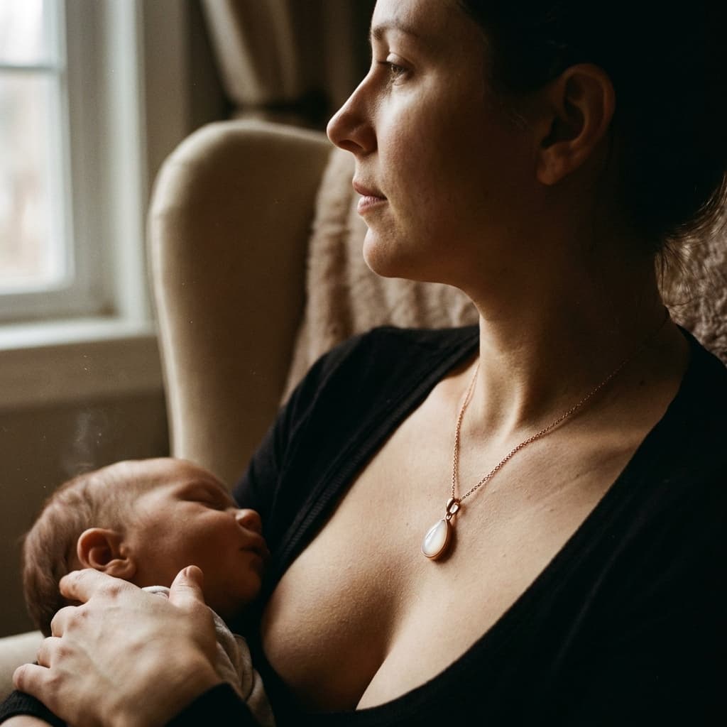 Lifestyle photo of a mother holding her sleeping newborn by a window, wearing a teardrop pendant—perfect inspiration for diy breastmilk necklaces and personalized breastmilk jewelry keepsakes.