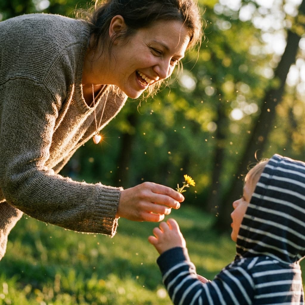 Mother smiling outdoors at golden hour wearing a heart pendant necklace and offering a small flower to her child, showcasing the sentimental meaning of diy breastmilk necklaces.