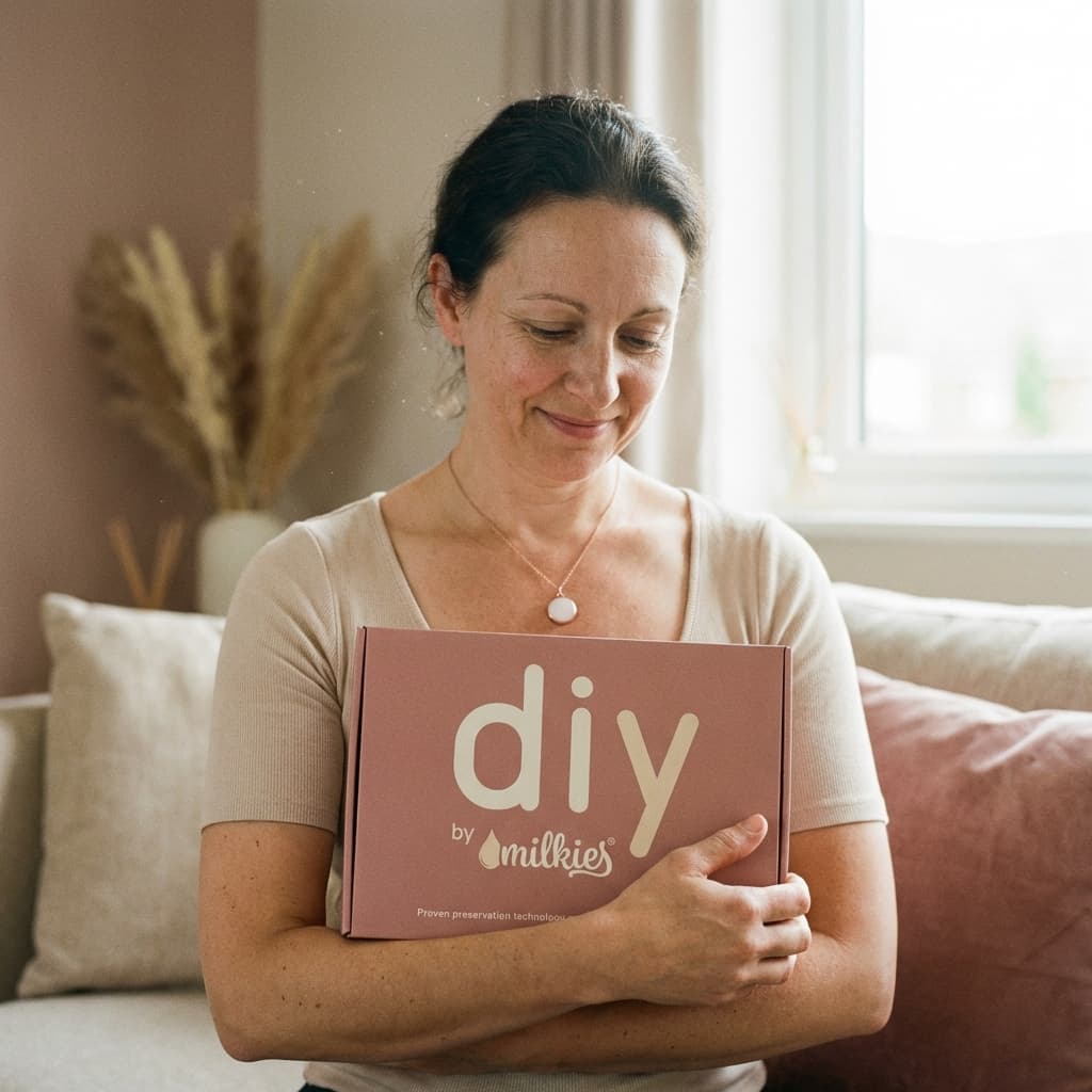 Woman at home holding a DIY by MILKIES kit box, showing why diy breastmilk necklaces are a meaningful, private way to preserve breastmilk into a keepsake.