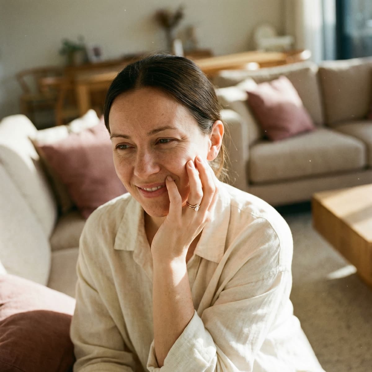 Smiling mom in a cozy living room gently touches her face while showing a diy breastmilk ring, highlighting why creating a private at-home keepsake with a DIY kit is a meaningful choice.