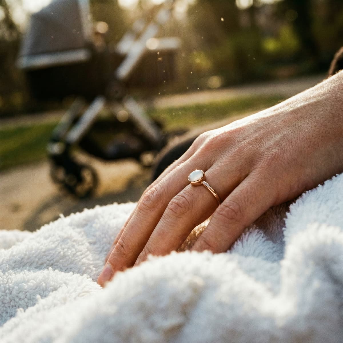 Mother’s hand wearing a gold ring with a milky-white resin stone, showing the finished keepsake from a diy breastmilk ring kit in warm outdoor light.