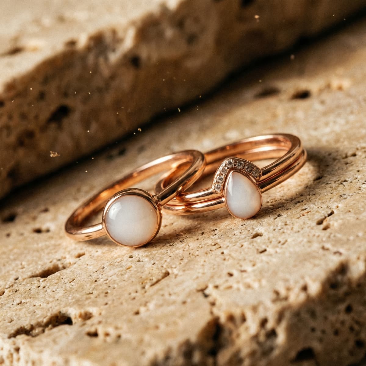 Two rose-gold DIY keepsakes featuring diy breastmilk rings with milky white resin stones—one round and one teardrop—accented with small crystals on a textured stone background.