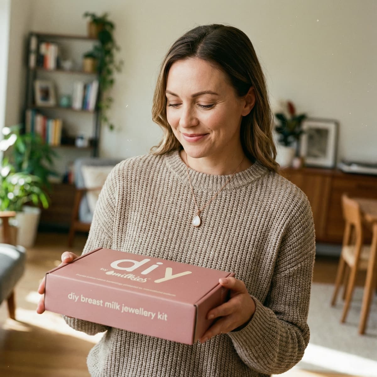 Mother holding a DIY by MILKIES breast milk jewellery kit box, showing why an at-home keepsake kit helps avoid drying up milk by preserving breastmilk in a private necklace at home.