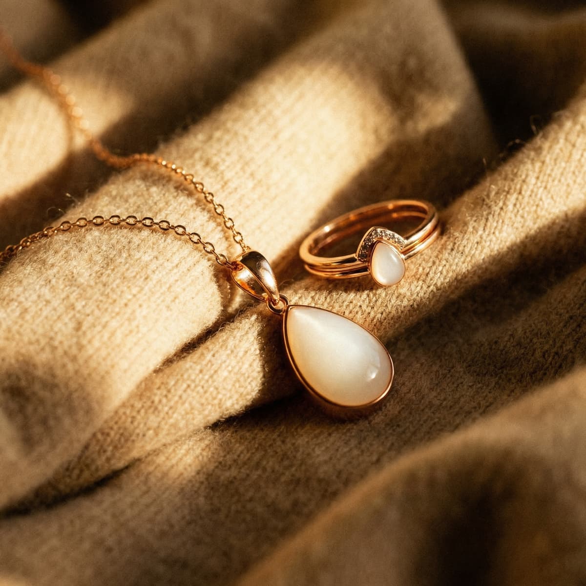 Rose-gold teardrop breastmilk pendant necklace and matching ring displayed on beige knit, a sentimental keepsake set ideal as an end of breastfeeding gift.