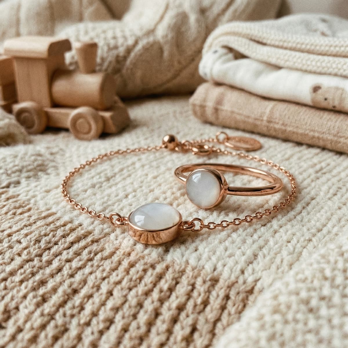 Rose gold breastmilk keepsake bracelet and ring displayed on a cozy knit blanket beside baby clothes and wooden toys, a sentimental gift for new mom