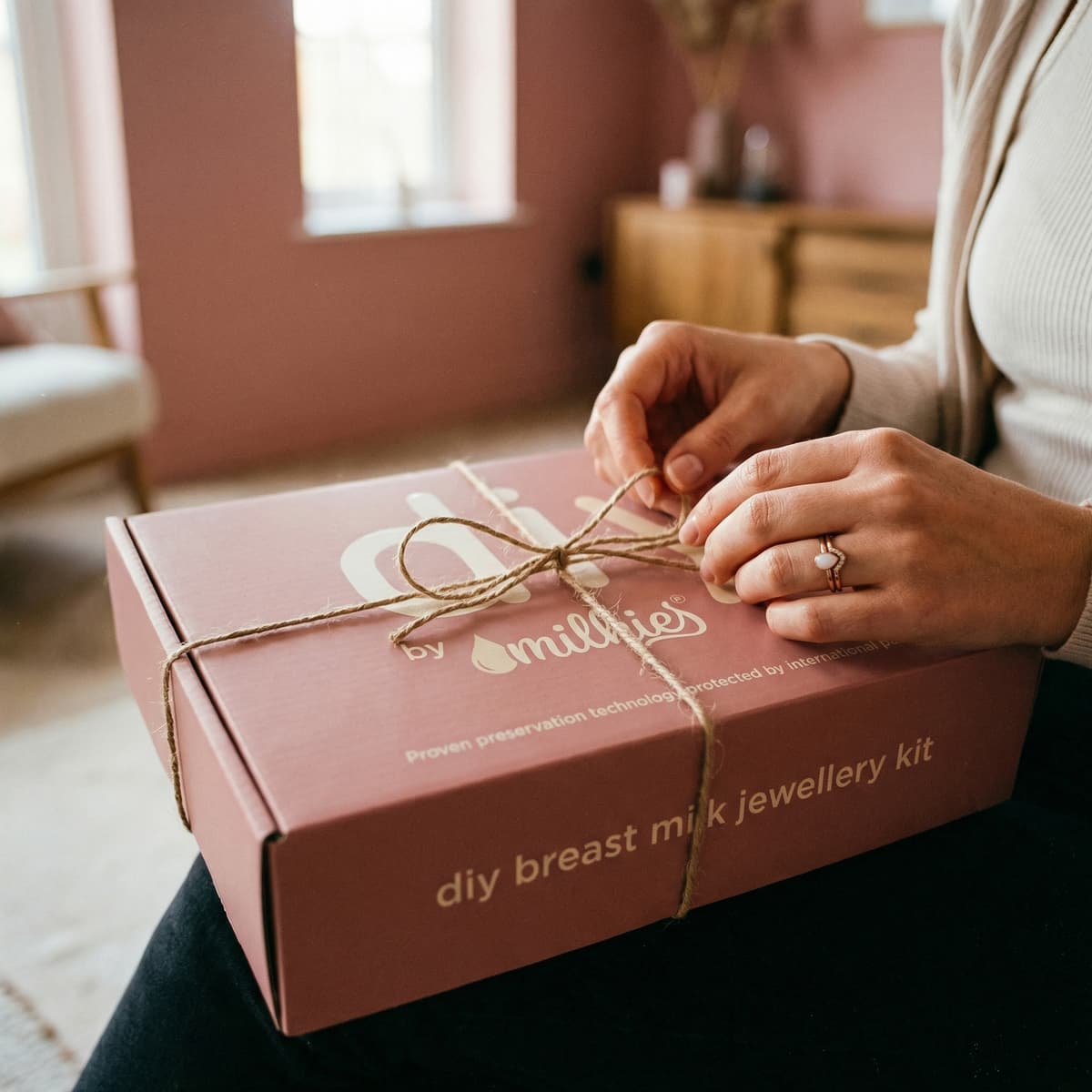 Hands tying twine around a pink DIY by MILKIES breast milk jewellery kit box, a thoughtful gift for new mom to create a keepsake at home.