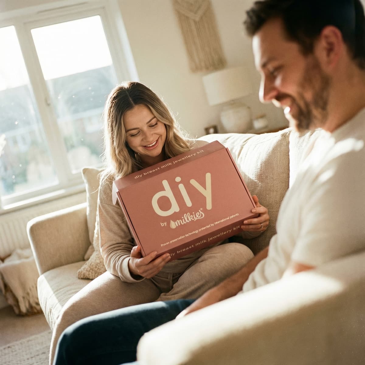 Smiling mother on a sofa at home opening the DIY by MILKIES breast milk jewellery kit box, a meaningful gift for new mom that explains why the at-home keepsake kit is a thoughtful choice.