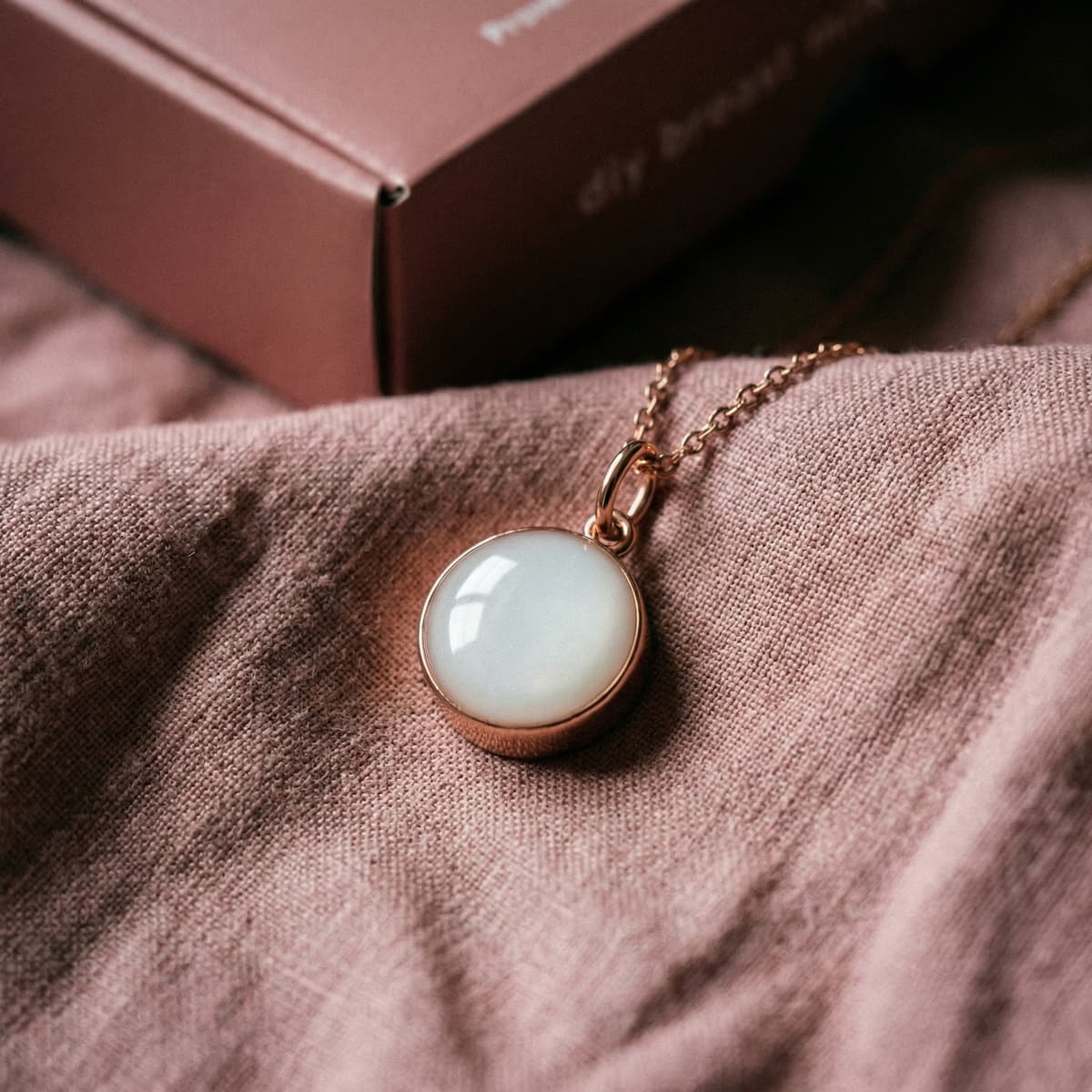 Rose-gold necklace with a round milky-white resin pendant resting on soft pink fabric, a thoughtful gift for new mother keepsake jewelry.