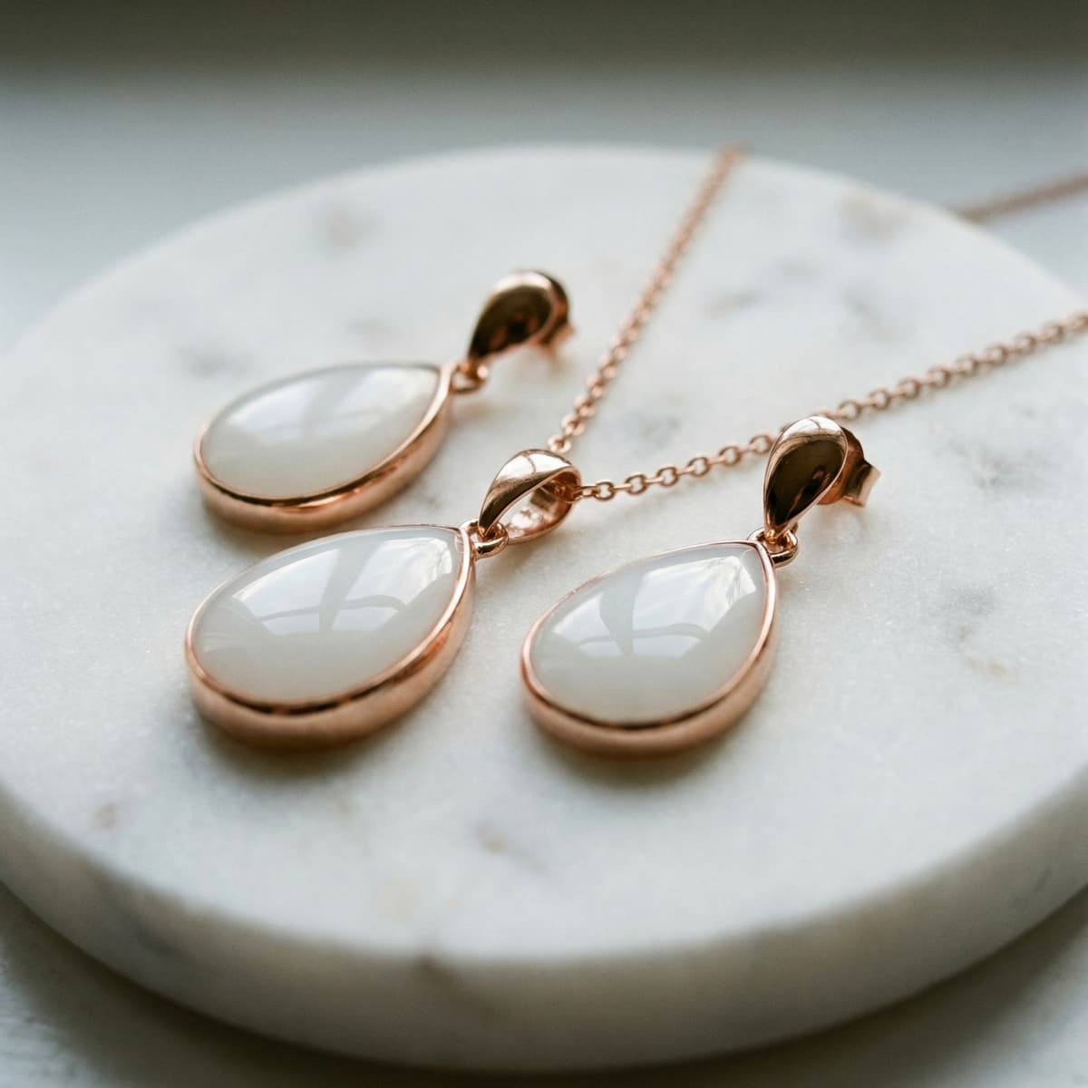 Rose gold teardrop necklace and matching earrings with milky white resin breastmilk stones on a marble dish, a sentimental gift for new mother keepsake jewelry