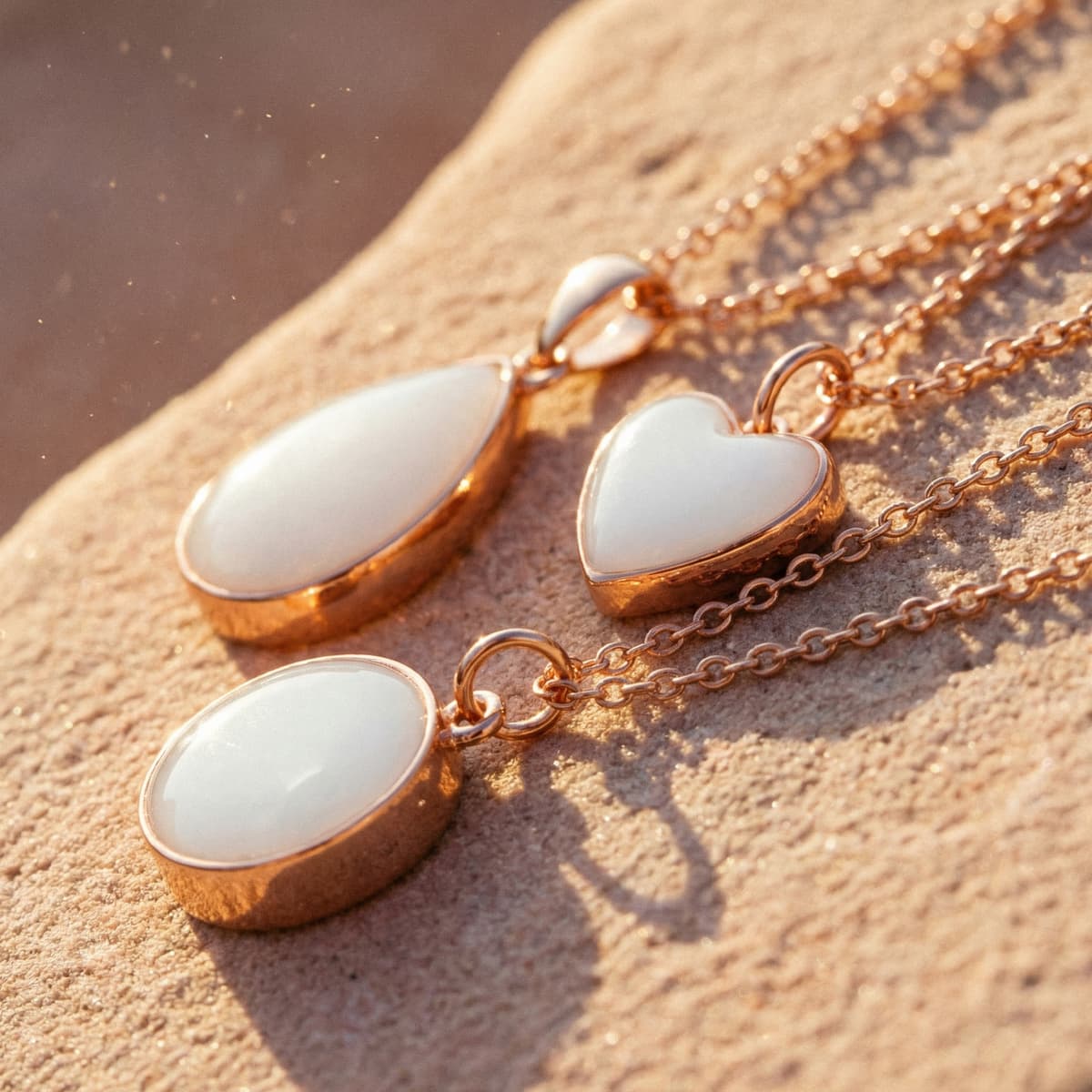 Gold-plated breastmilk keepsake necklaces with milky white resin heart and oval pendants, styled as golden boobs jewelry on a sunlit textured surface
