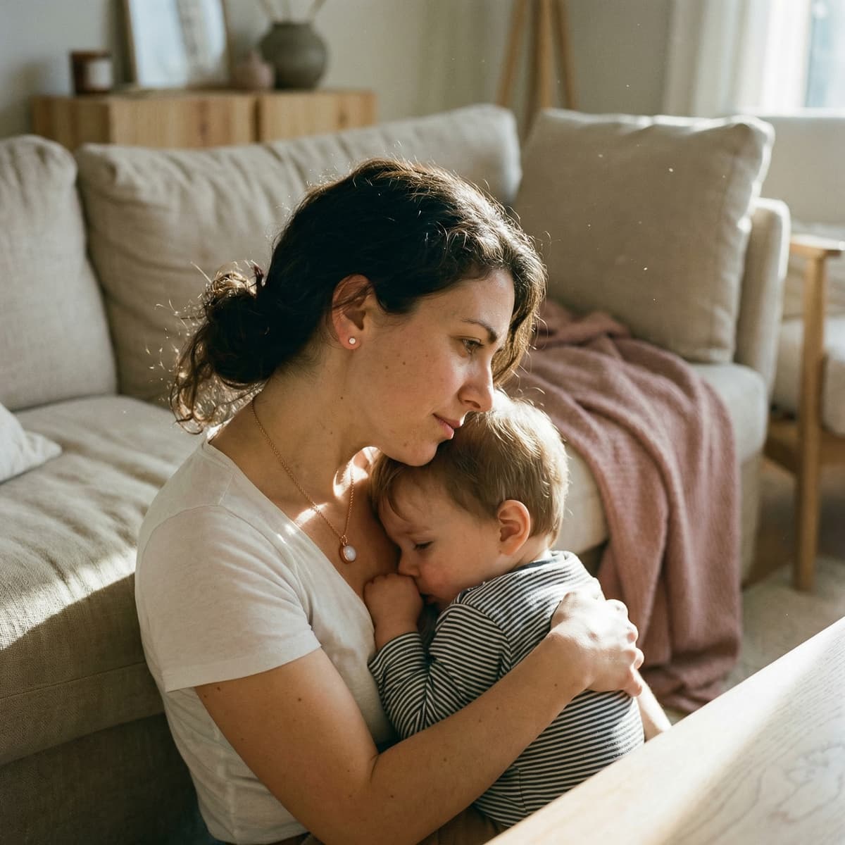 Mother cuddling a sleepy baby on a sofa in soft natural light, wearing a breastmilk jewelry pendant as a last feed keepsake