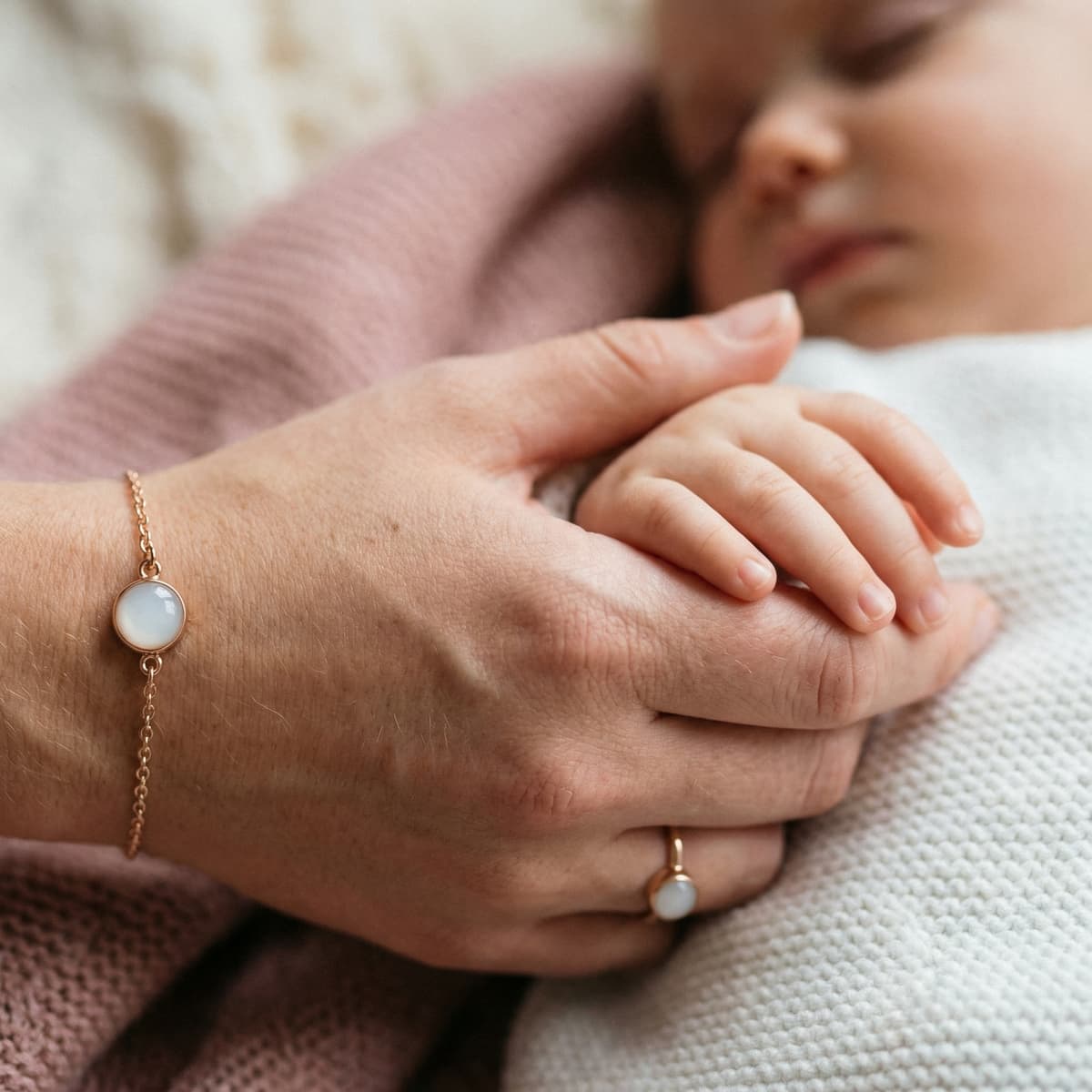 Close-up of a mother holding her sleeping baby’s hand, showcasing rose-gold bracelet and ring with milky white stones as a last feed keepsake jewelry detail.