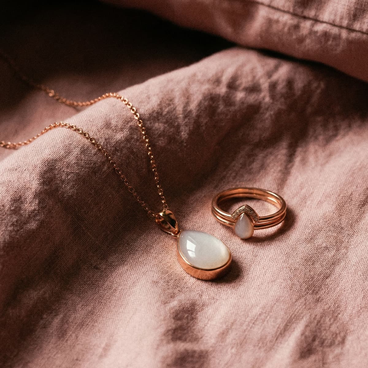 Rose gold breastmilk keepsake jewelry for a last latch moment, featuring a teardrop pendant necklace and matching ring with milky white resin stones on soft blush fabric.