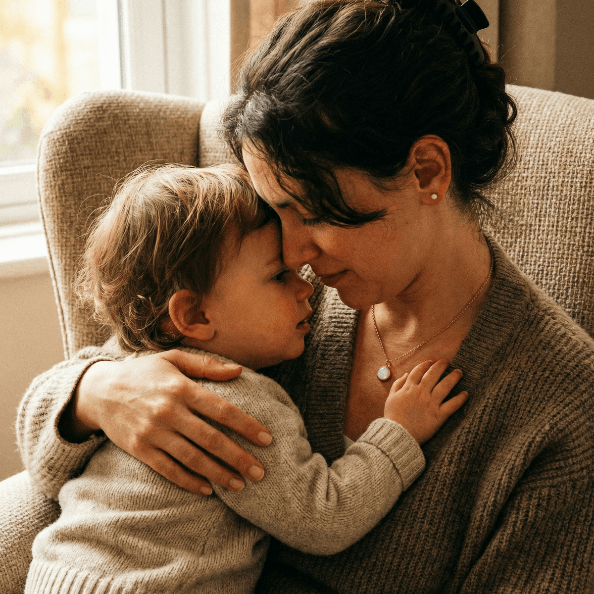 Mother cuddling her toddler in a cozy armchair by the window, sharing a tender last latch moment while wearing a delicate pendant necklace