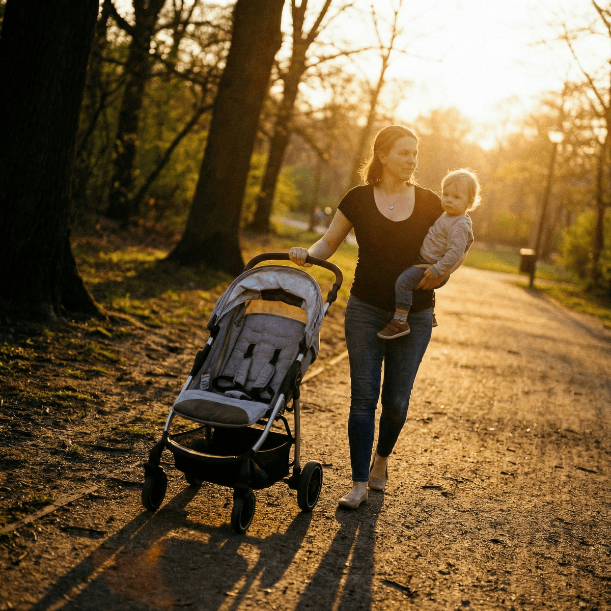 Mother walking at sunset on a tree-lined park path, holding a toddler while pushing an empty stroller, capturing a tender last latch milestone moment.
