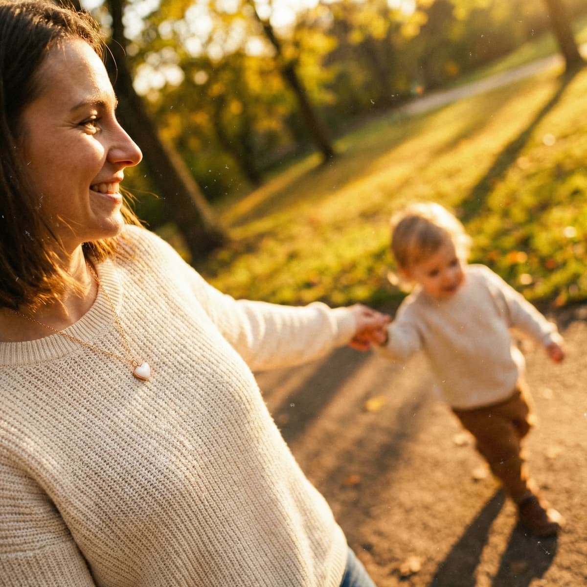 Smiling mother wearing a heart necklace holds her toddler’s hand on a sunlit autumn path, evoking the warmth and love of a last latch keepsake moment.