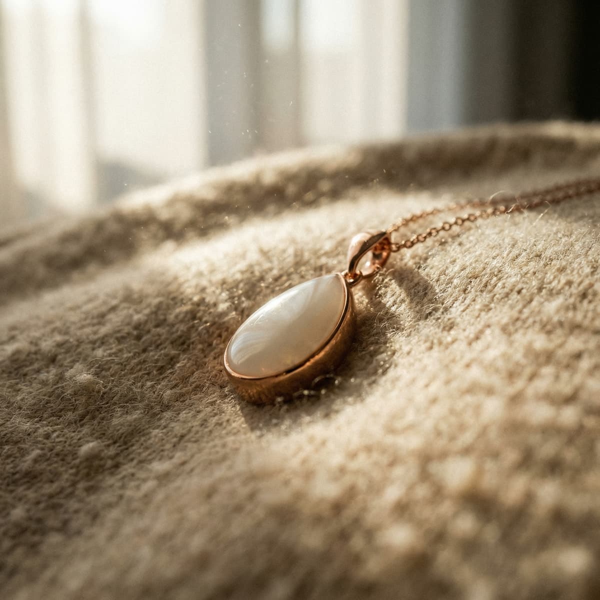 Rose gold oval breastmilk pendant necklace on a soft blanket in warm sunlight, a delicate last latch keepsake for new mothers
