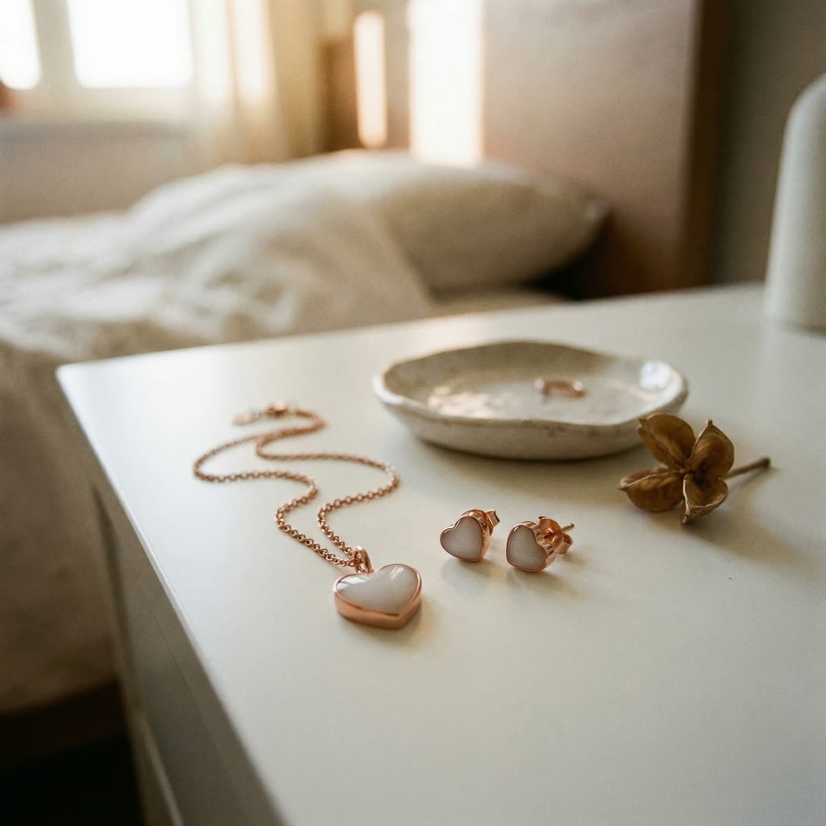 Rose gold heart pendant necklace and matching heart stud earrings with creamy white resin hearts displayed on a bedside table, a delicate milk keepsake jewelry set in soft natural light.