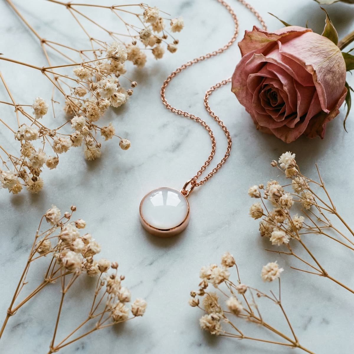 Rose gold necklace featuring a round white resin pendant milk keepsake on a marble surface with dried baby’s breath and a pink rose.