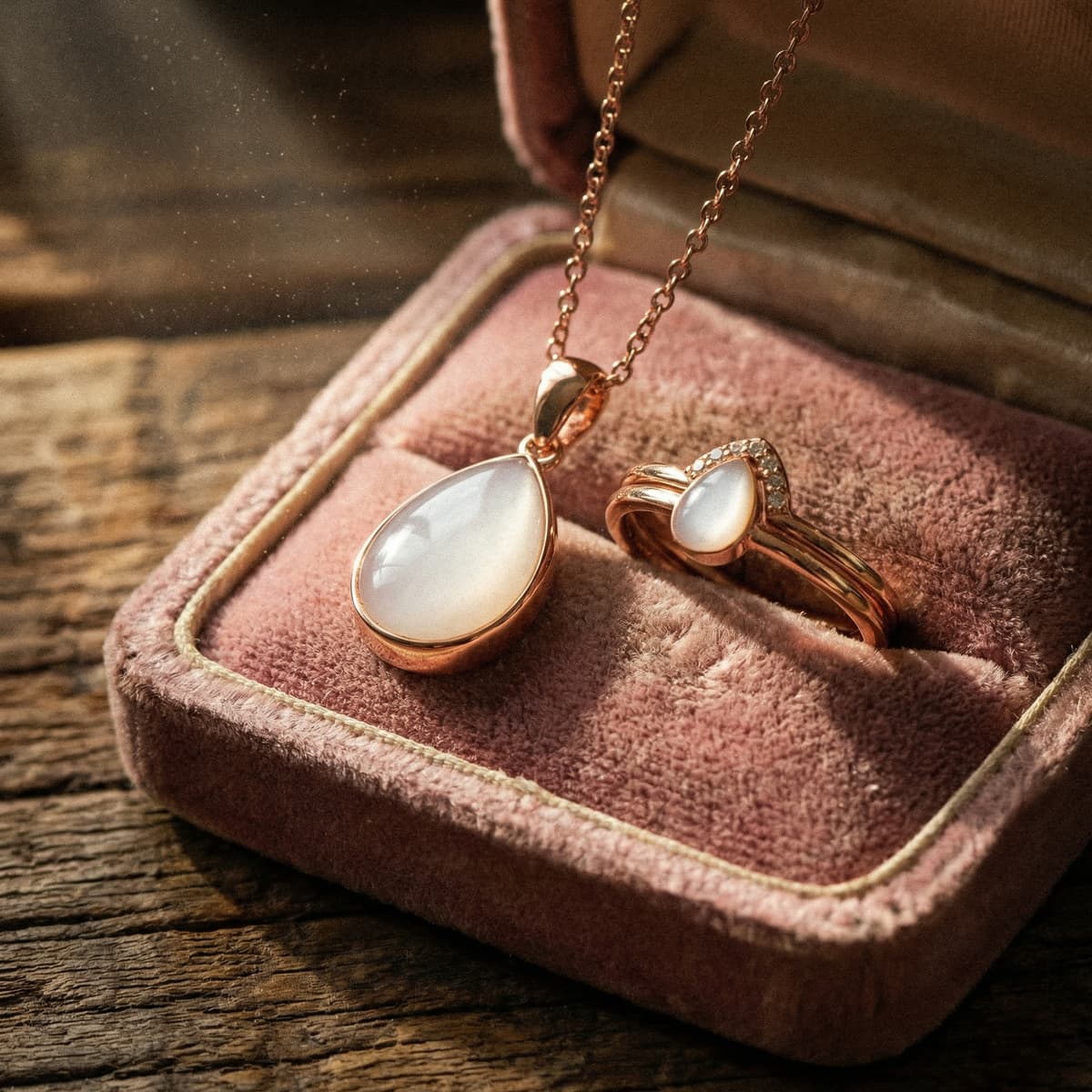 Rose gold necklace pendant and matching ring featuring a pear-shaped milky stone milk keepsake in a pink velvet jewelry box on a rustic wooden surface.