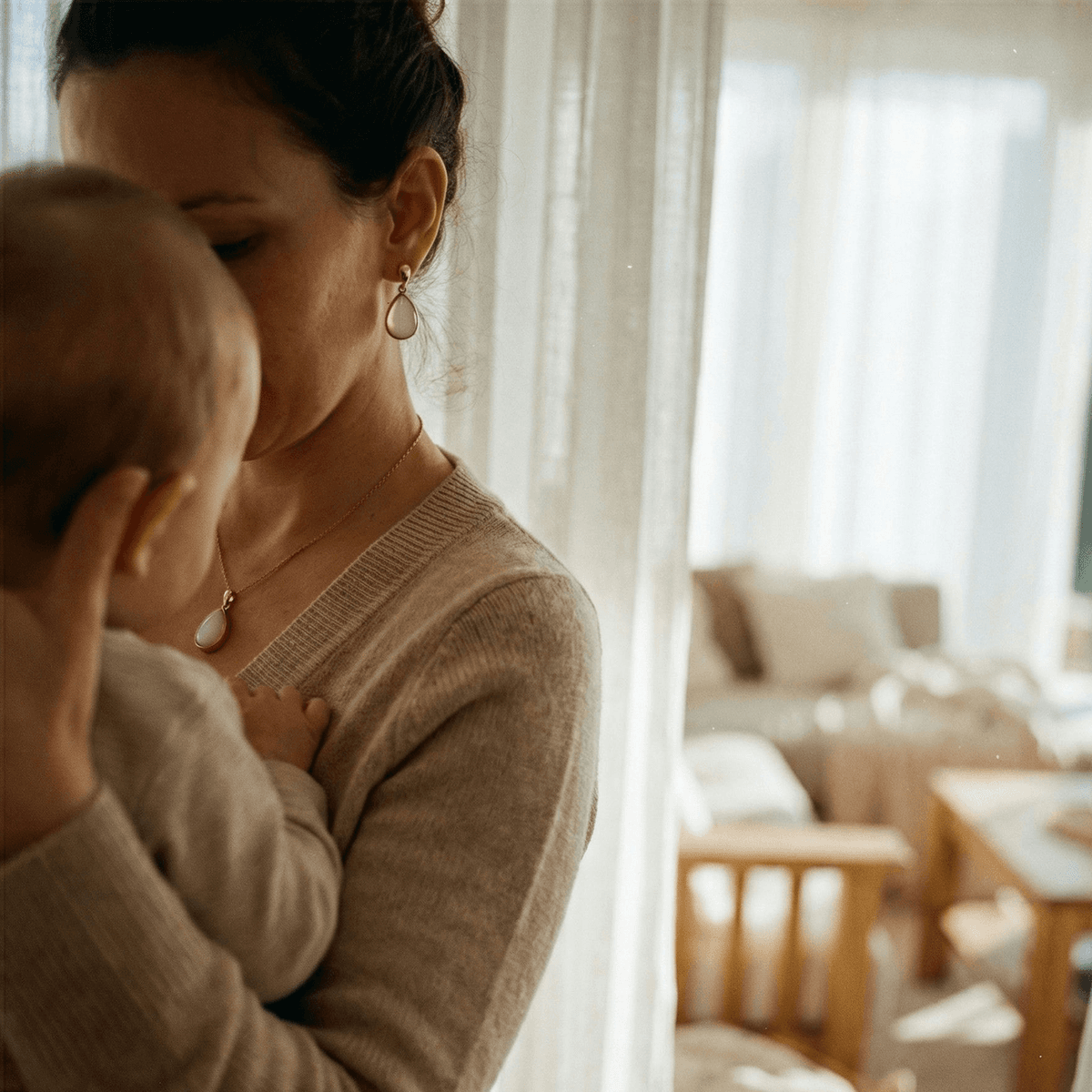 A mother cradles her baby in a sunlit home, wearing a delicate white teardrop necklace and matching earrings as a timeless motherhood keepsake.