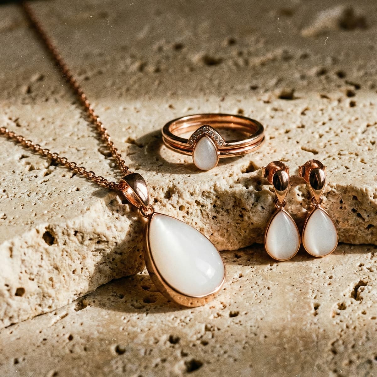 Rose-gold jewelry set featuring a milky white teardrop resin pendant necklace with matching earrings and ring on a textured stone surface, a timeless motherhood keepsake for preserving precious moments.