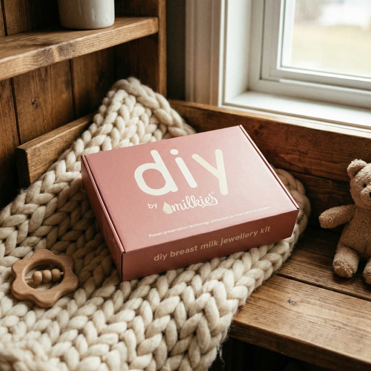 Cozy new mom gifts scene showing a DIY by MILKIES breast milk jewelry kit gift box on a chunky knit blanket by a window, ready for creating a keepsake necklace, ring, or earrings.