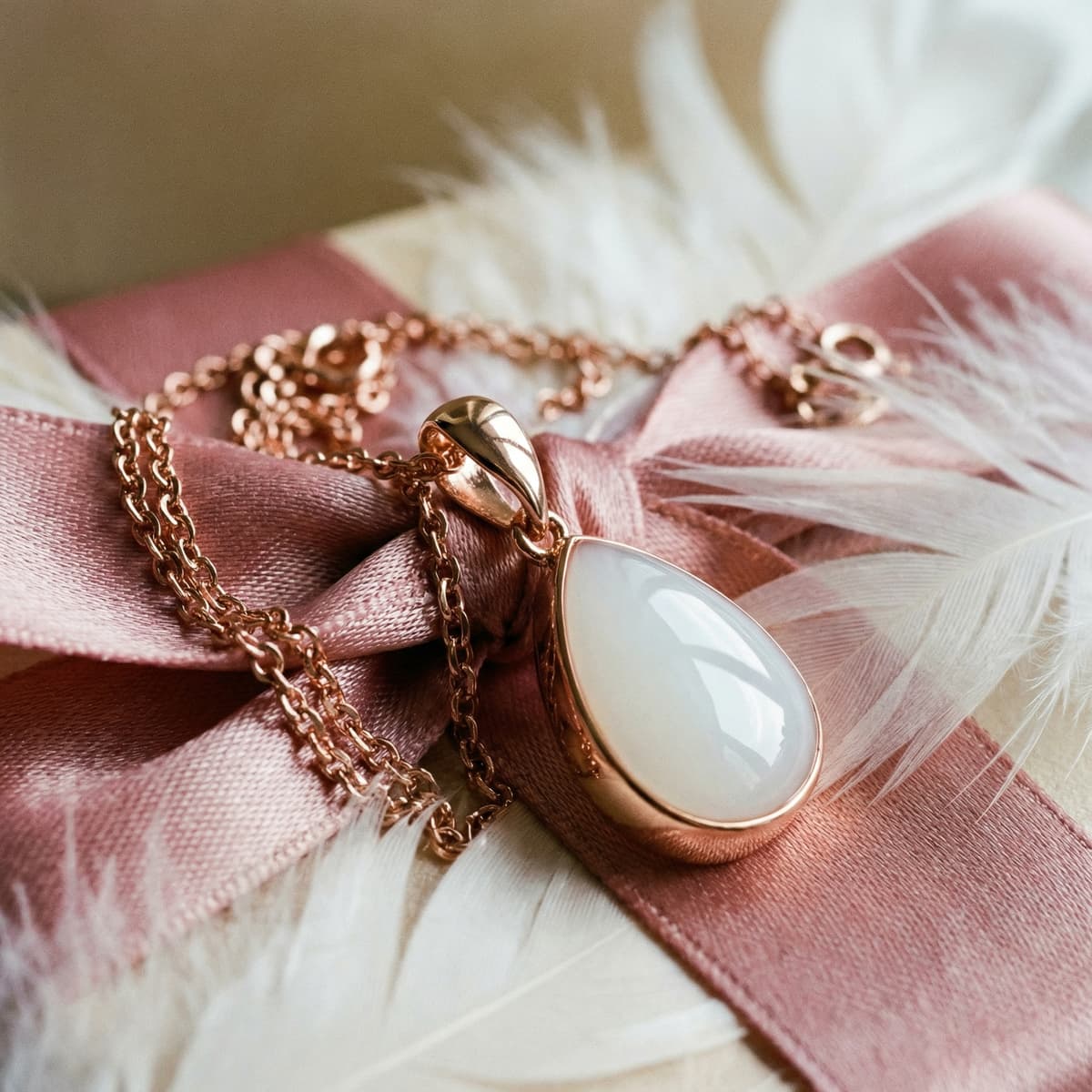 Rose gold teardrop pendant necklace with milky white resin stone on a soft pink ribbon with white feathers, a delicate keepsake jewelry idea for new mom gifts.