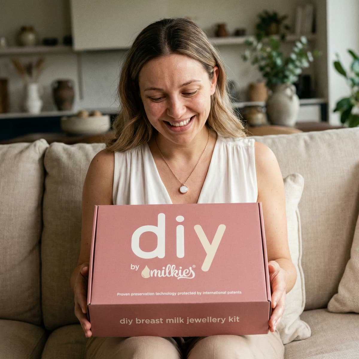 Smiling mother holding a pink DIY by MILKIES breast milk jewelry kit box, highlighting why it’s one of the best new mom gifts for creating keepsake jewelry at home with patented breastmilk preservation technology.