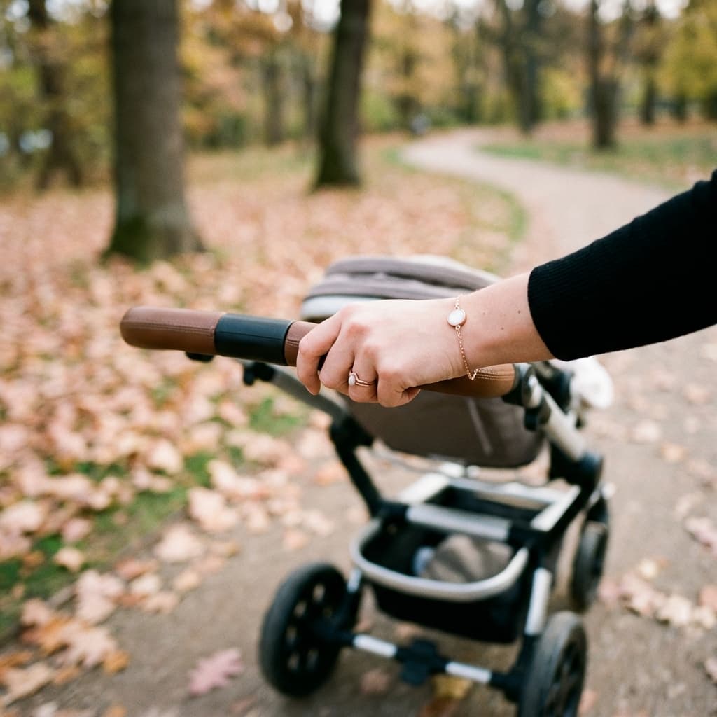 Mother pushing a baby stroller along a park path while wearing nursing jewelry, including a delicate gold bracelet with a white stone charm and a ring on her hand.