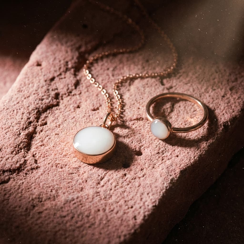 Gold pendant necklace and matching ring with milky-white resin stones, elegant nursing jewelry set displayed on a soft pink textured surface.