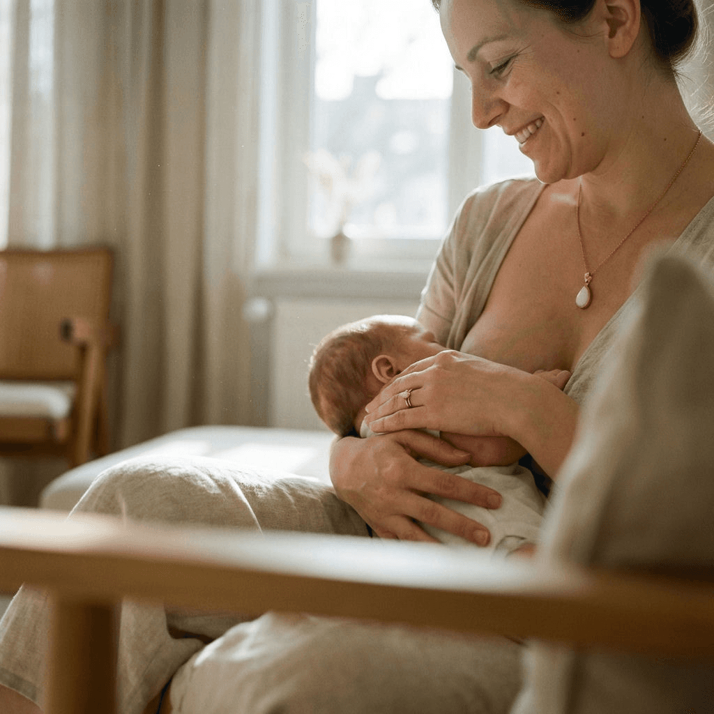 Mother breastfeeding her newborn in soft window light, wearing a milk-stone nursing jewelry pendant that highlights why an at-home DIY by MILKIES keepsake kit is a meaningful choice.